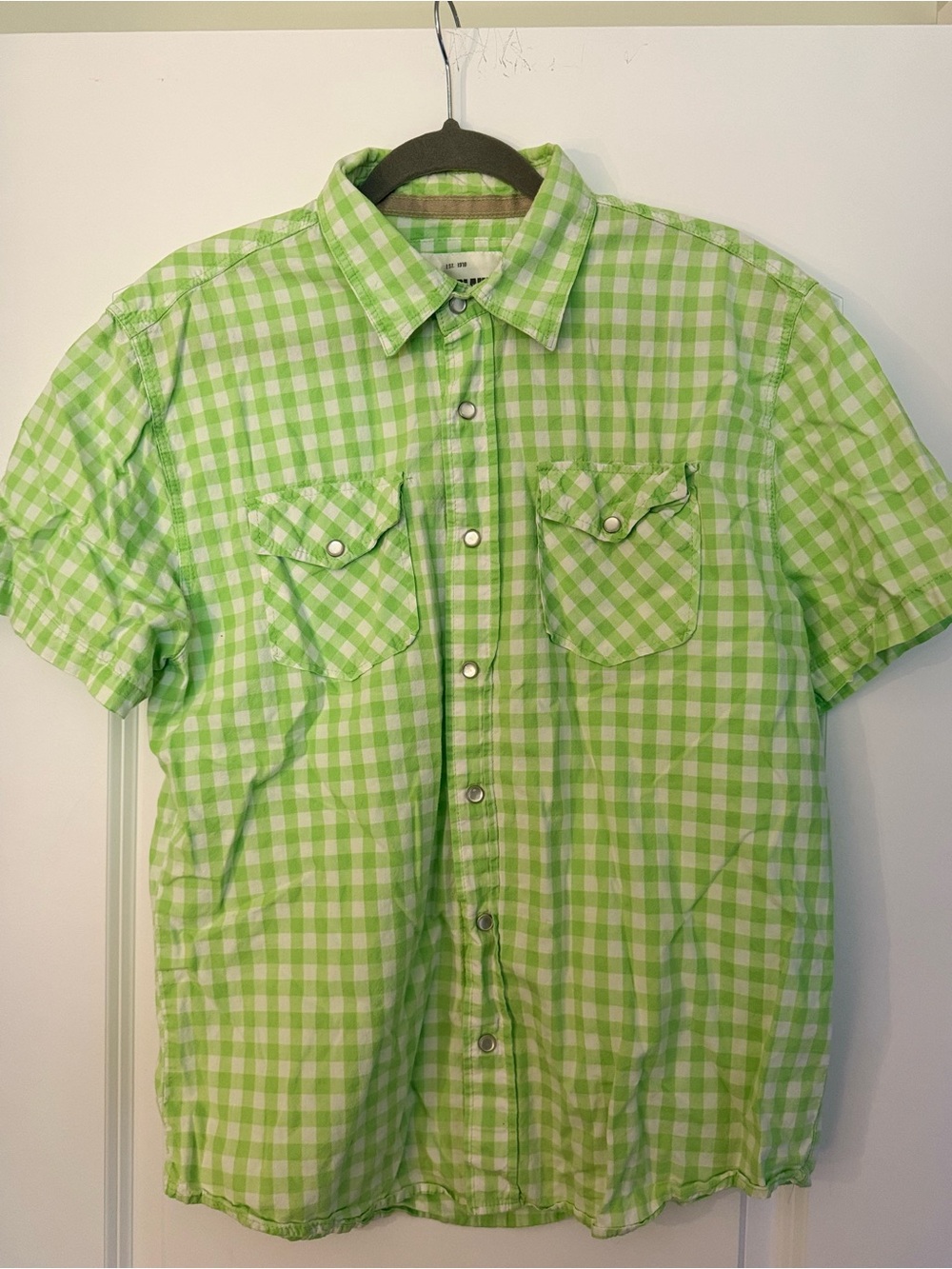Men's Light Green Gingham Short-Sleeve Button-Down Shirt